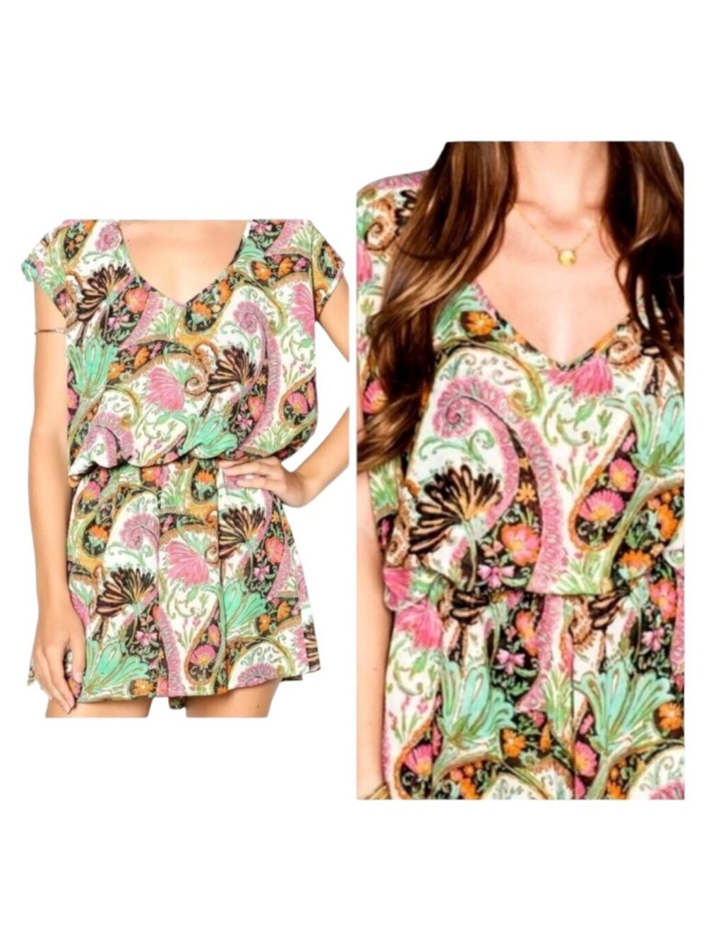 Show Me Your Mumu Romper Women Large Green Pink Paisley Palace Rowdy Romper‎